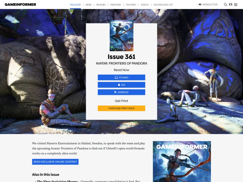 Desktop screenshot of Game Informer Magazine Landing page.