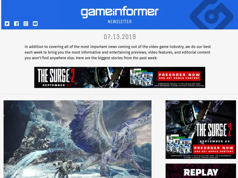 Screenshot of the Game Informer newsletter from July 2019.