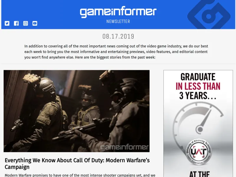 Screenshot of the Game Informer newsletter from August 2019.