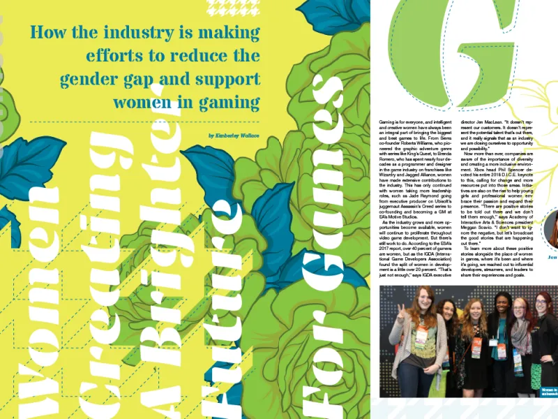 Pages 1-2 of the print spread for the article "Women Creating a Brighter Future For Games".