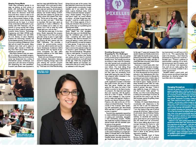 Pages 3-4 of the print spread for the article "Women Creating a Brighter Future For Games".