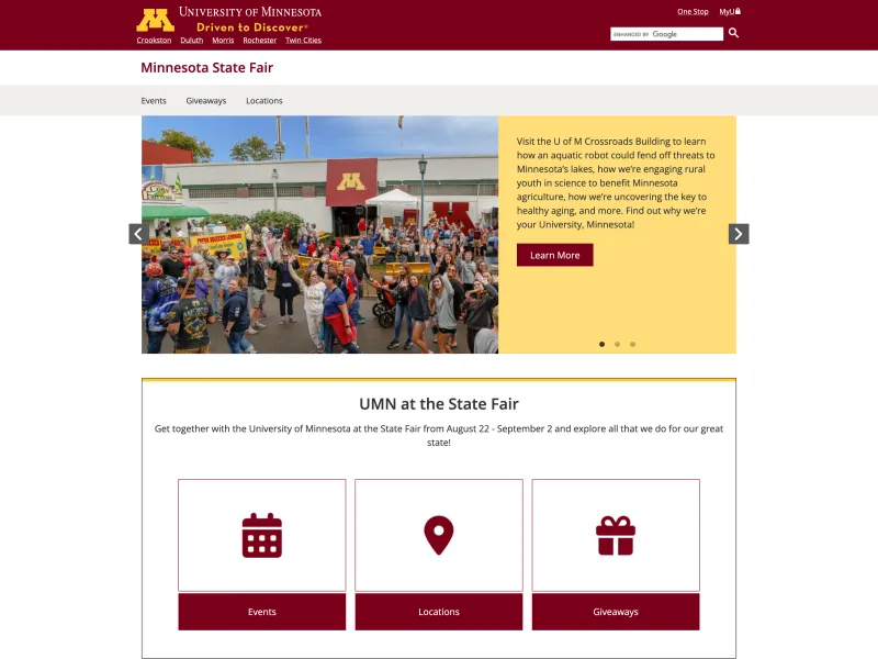 Screenshot of the University of Minnesota State Fair site homepage.