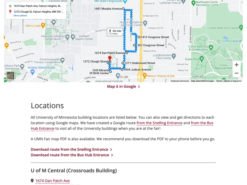 Screenshot of the University of Minnesota State Fair locations page.