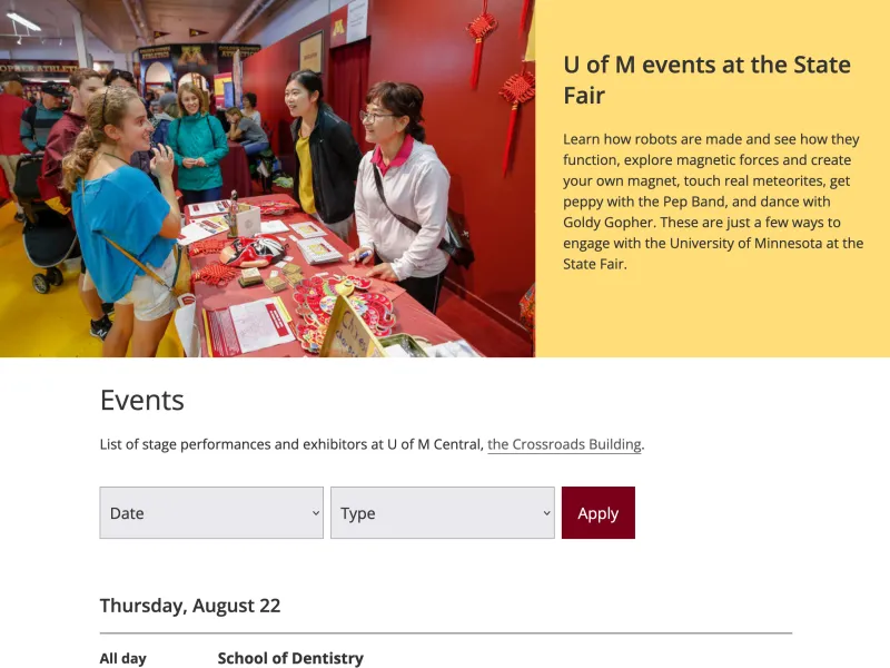 Screenshot of the University of Minnesota State Fair events page.