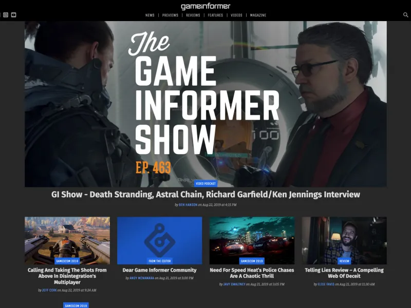 The home page of GameInformer.com in dark mode.