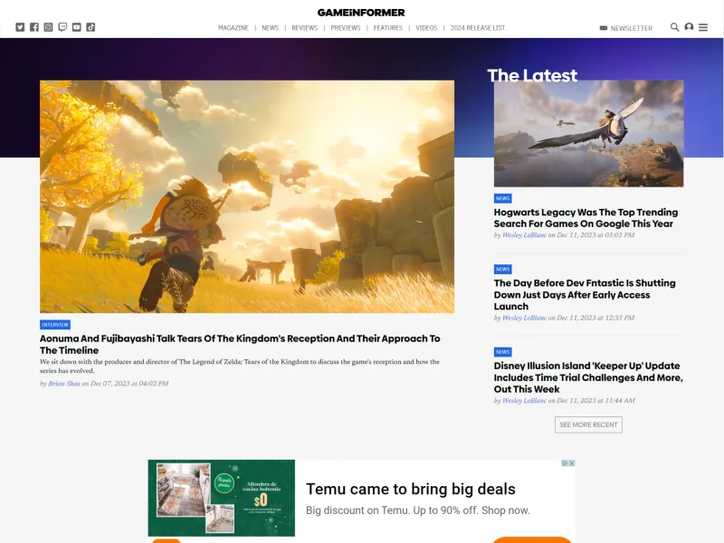 Screenshot showing the Game Informer homepage.