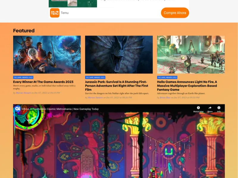 Screenshot showing a featured content area on the Game Informer homepage.