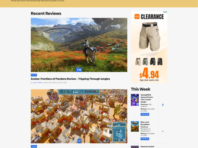 Screenshot showing reviews and recent news on the Game Informer homepage.