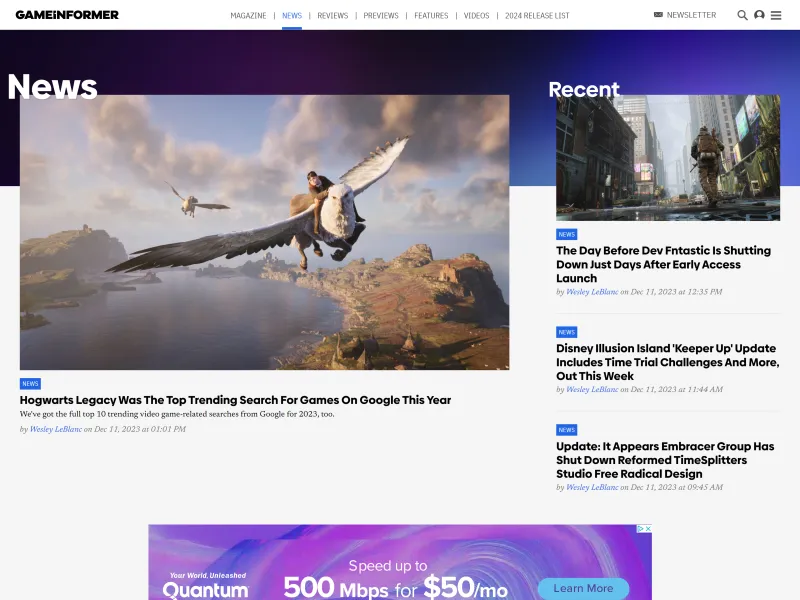 Screenshot showing the News landing page at GameInformer.com