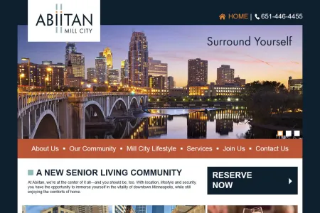 Design proposal for the Abiitan homepage showing large buttons and a photo of the Minneapolis skyline.